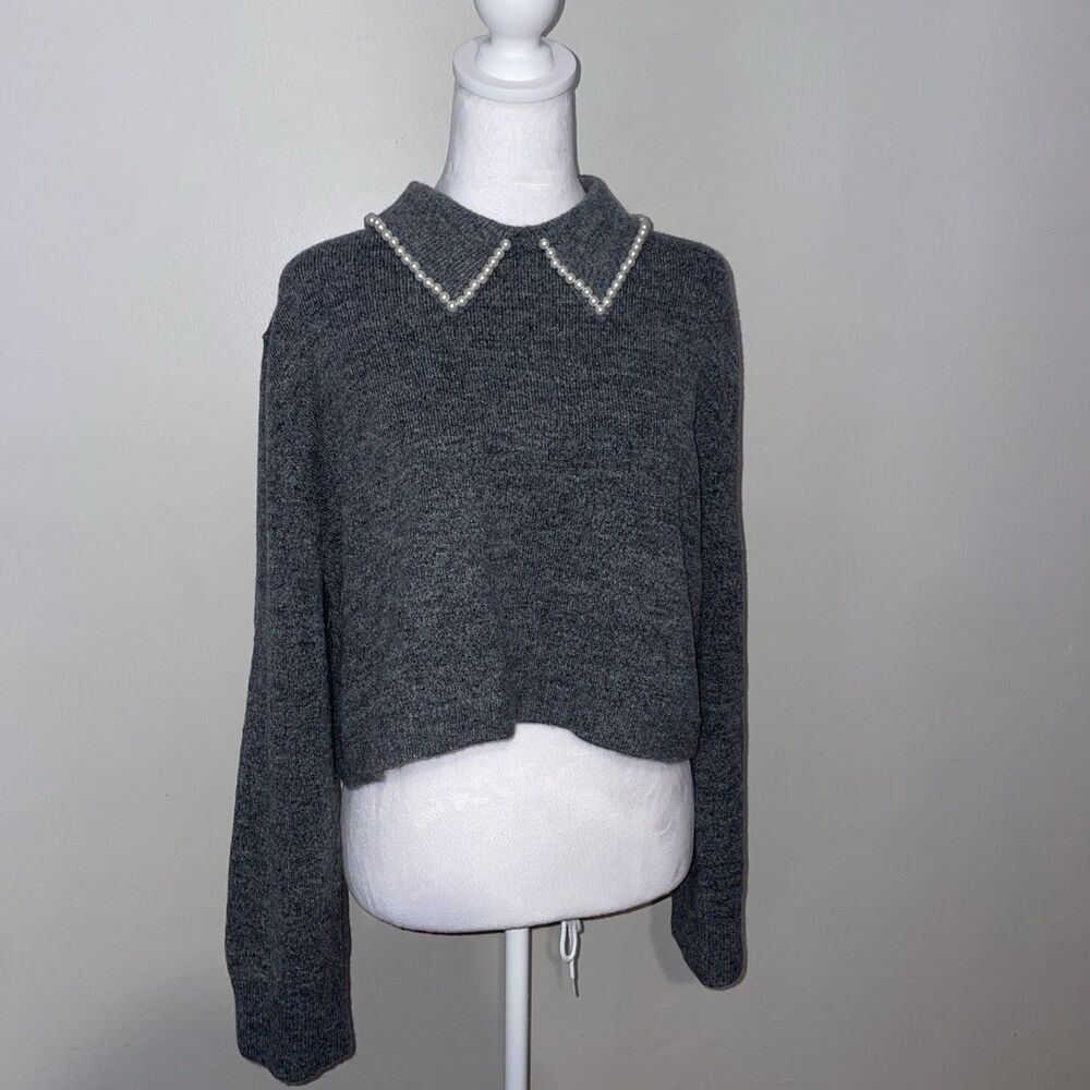 H&M Mama Maternity Gray Cropped Sweater Pearl Collar Knit Preppy Academia L